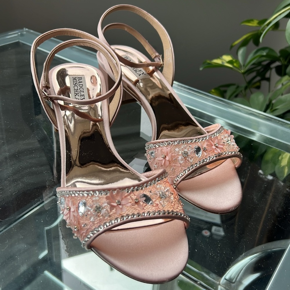 Badgley Mischka Pink Satin Floral Crystal Block Heel Sandals - Picture 4 of 13